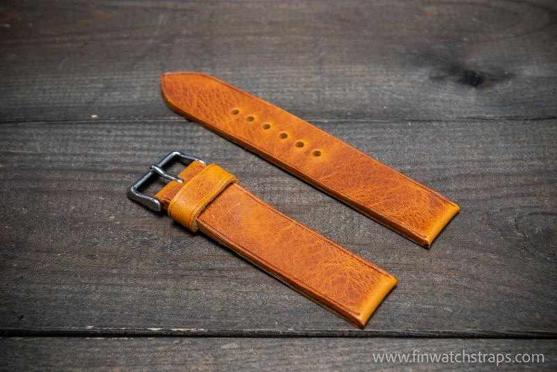 Leather watch strap, handmade in Finland. Beautiful waxy Saffron colour.