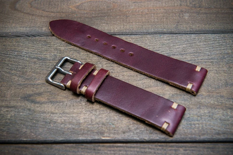 Burgundy Horween Chxl no.8 leather watch strap, handmade in Finland - 16mm, 17 mm, 18mm, 19 mm, 20mm, 21 mm, 22mm, 23 mm, 24mm, 25 mm, 26mm.