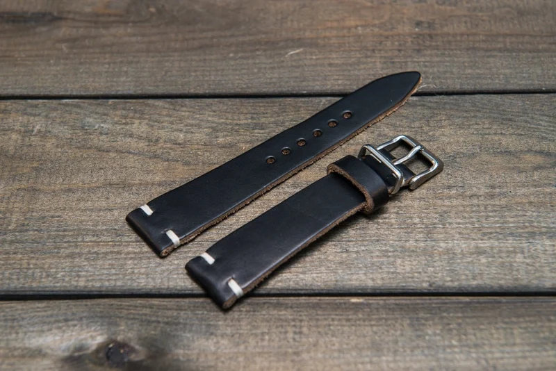 Black leather watch band, handmade in Finland. Tapered size: 26/22mm, 25/22 mm, 24/20mm, 23/20 mm, 22/18 mm, 21/18 mm, 20/16 mm, 19/16 mm