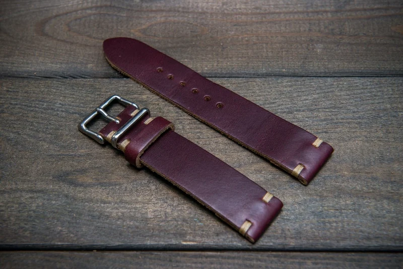 Burgundy Chromexcel Horween leather watch strap, handmade in Finland.