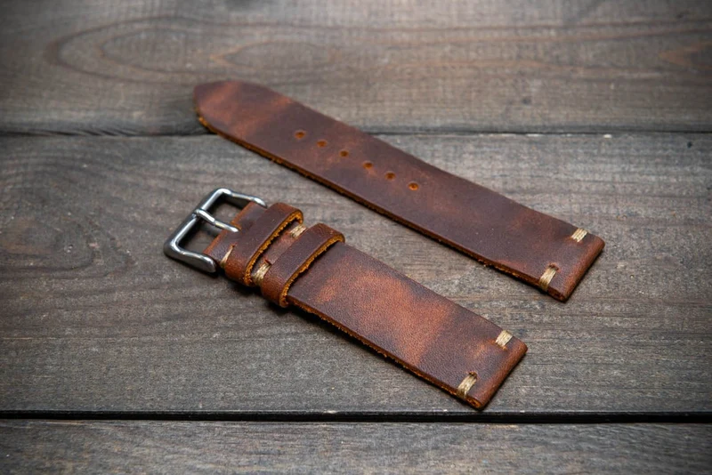 Leather watch band. Vandyke Brown-Mustard. Handmade in Finland 10-26 mm.