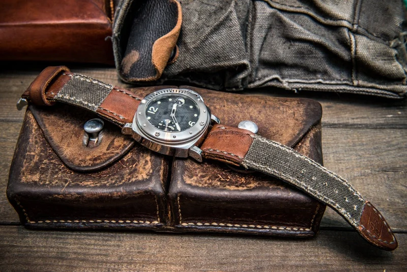 Vintage Canvas ammo watch band, thickness 3 mm, made of USSR Kalashnikov army canvas pouches, dates back to 1960th-1980th