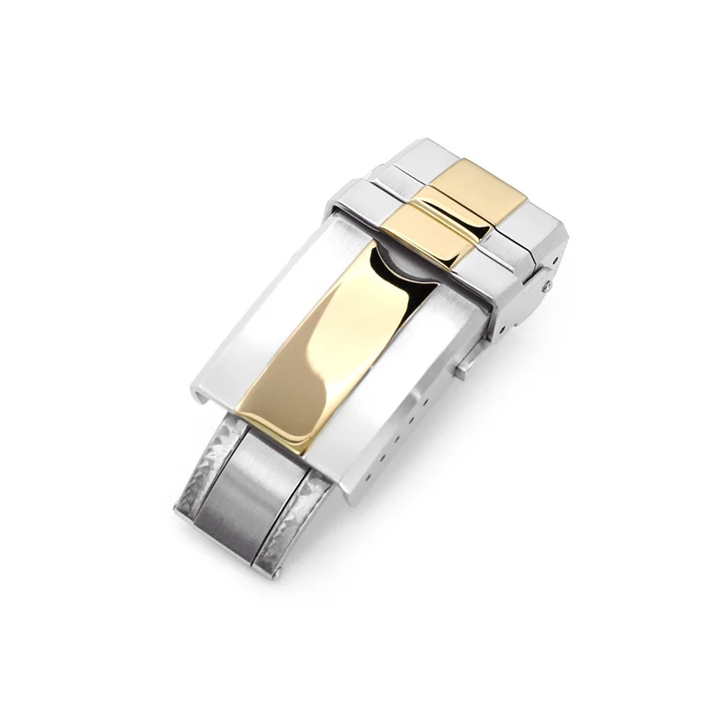 16mm, 18mm or 20mm Solid 316L Stainless Steel Double Locks Turning Clasp, Button Control, Brushed with IP Gold Center