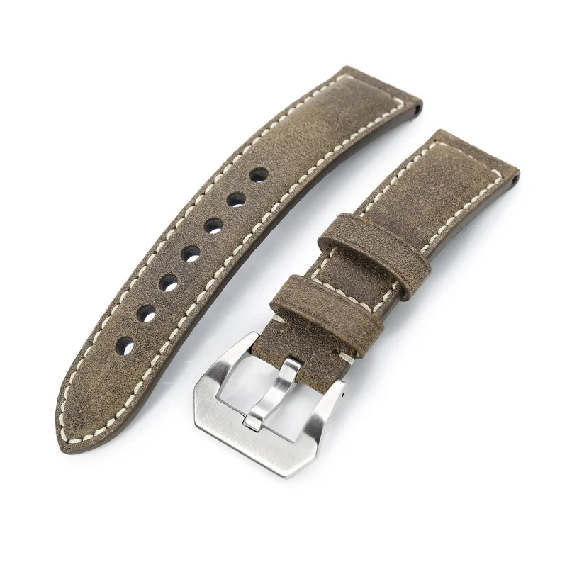 MiLTAT 21mm, 22mm Genuine Olive Brown Distressed Leather Watch Strap Extra Soft, Beige Stitching