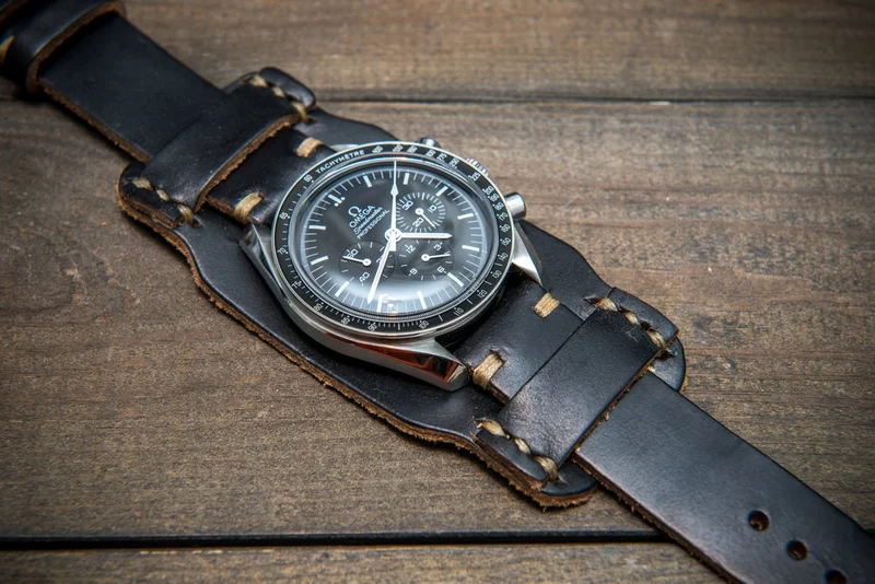 Bund-style Leather Watch Strap, Aviator model, Horween Black Chromexcel