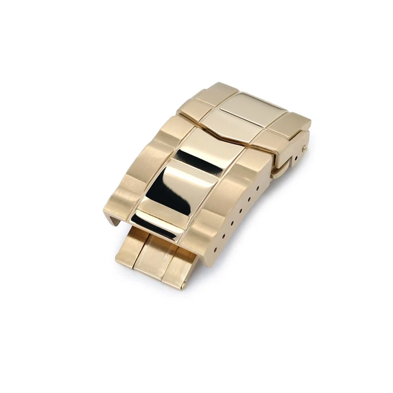 18mm or 20mm Solid 316L Stainless Steel Double Locks SUB Diver Clasp, Button Control, Brushed & Polished IP Gold