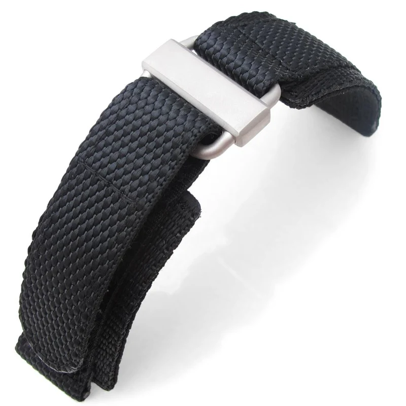 20mm or 22mm MiLTAT Honeycomb Black Nylon Hoop and loop Fastener Watch Strap Sandblasted Stainless Buckle, XL