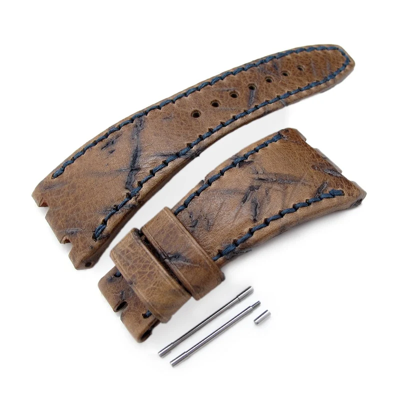 Heavy Scratch Brown Leather of Art Watch Strap, Dark Navy Wax thread, compatible with Audemars Piguet Royal Oak Offshore