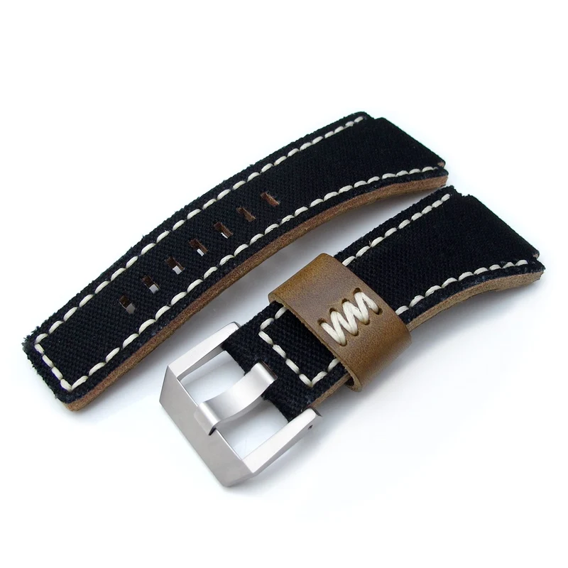 MiLTAT Black Canvas Bell & Ross BR01 Type Replacement Watch Strap, Beige Wax Stitching