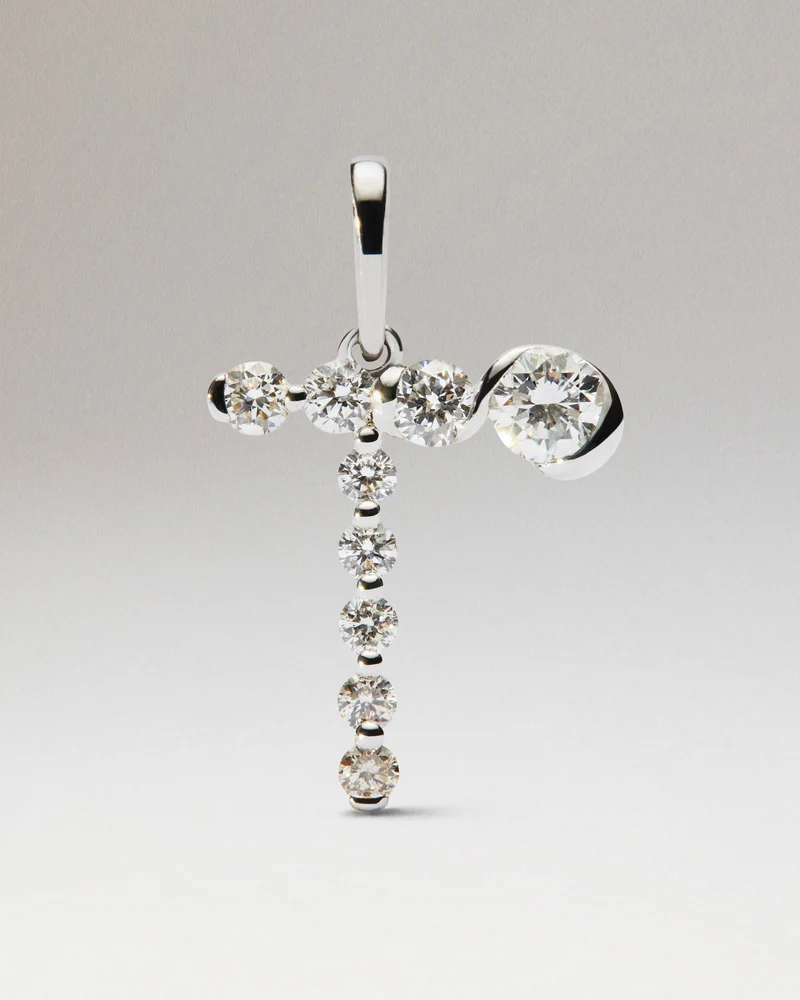 Diamonds and white gold T initial pendant