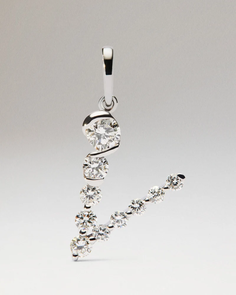 Diamonds and white gold V initial pendant