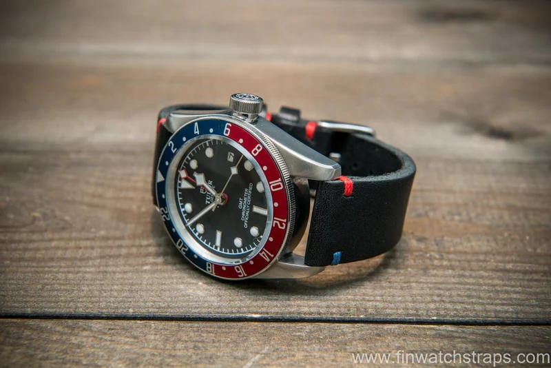 Italian bull leather watch strap, 4 mm thick, Black Oily, Pepsi stitch, handmade in Finland