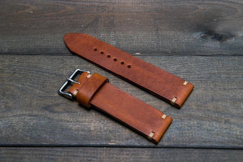 Italian bull leather watch strap 4 mm thick, Cognac Oily , handmade in Finland - 16mm, 17 mm, 18mm, 19 mm, 20mm, 21mm, 22mm, 23 mm, 24mm, 25 mm, 26 mm.