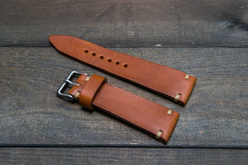 Italian bull tapered leather watch strap 4 mm thick, Cognac Oily, handmade in Finland - 16mm, 17 mm, 18mm, 19 mm, 20mm, 21mm, 22mm, 23 mm, 24mm, 25 mm, 26 mm.
