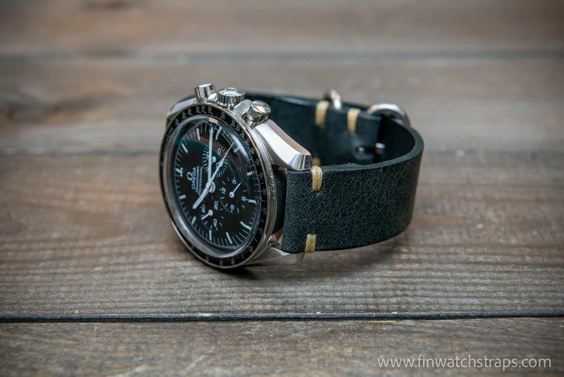 Lapland Reindeer leather watch band, Dark Forest Green, hand-stitched, handmade in Finland