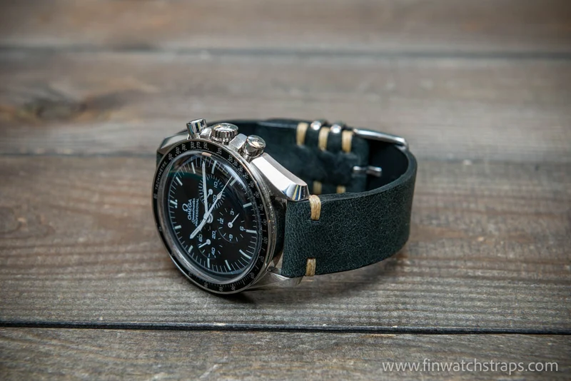 Reindeer leather watch band, Dark Forest Green, hand-stitched, handmade in Finland