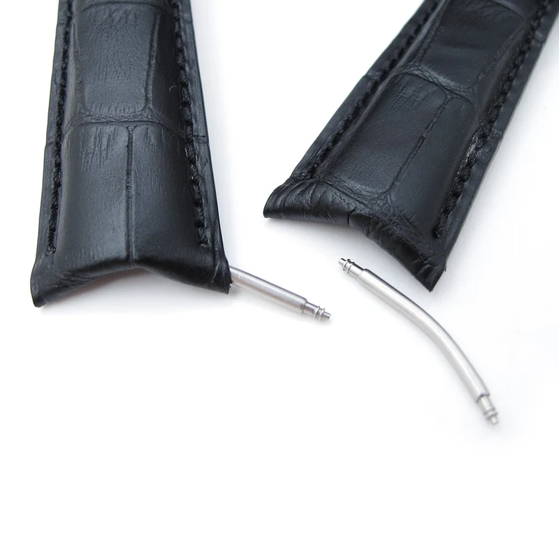 19, 20, 21, 22, 23 mm CrocoCalf (Croco Grain) Matte Black Semi-Curved Watch strap, Black Stitching, P
