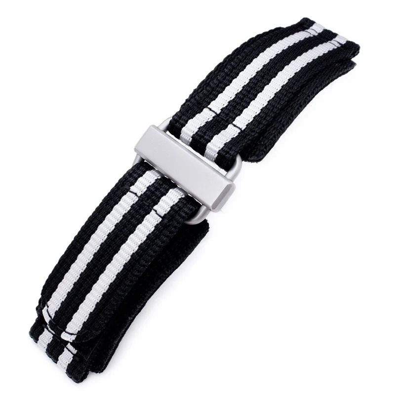 22mm MiLTAT Black & White Stripes 3-D Nylon Hoop and loop Fastener Watch Strap, Sandblasted Buckle