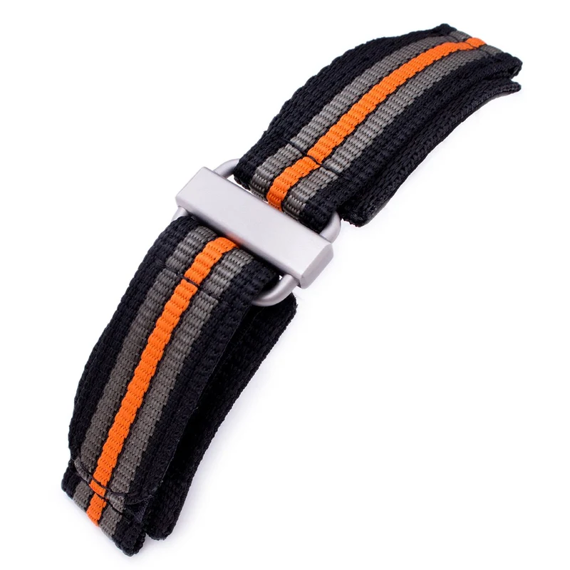 22mm MiLTAT Black, Khaki & Orange Stripes 3-D Nylon Hoop and loop Fastener Watch Strap, Sandblasted Buckle