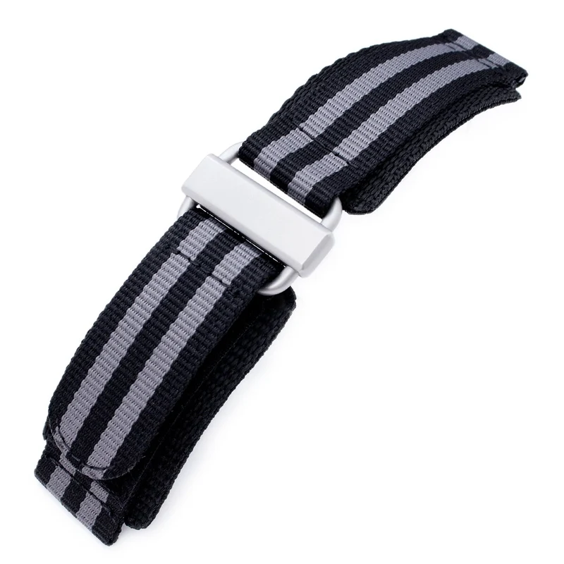 22mm MiLTAT Black & Grey NyJBB Nylon Hoop and loop Fastener Watch Strap, Sandblasted Buckle