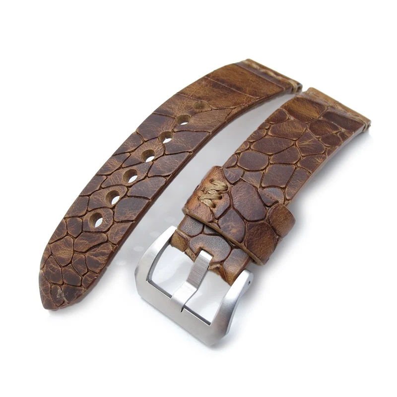 MiLTAT Zizz Collection 24mm Cracked Croco Middle Brown Watch Strap, Brown Stitching