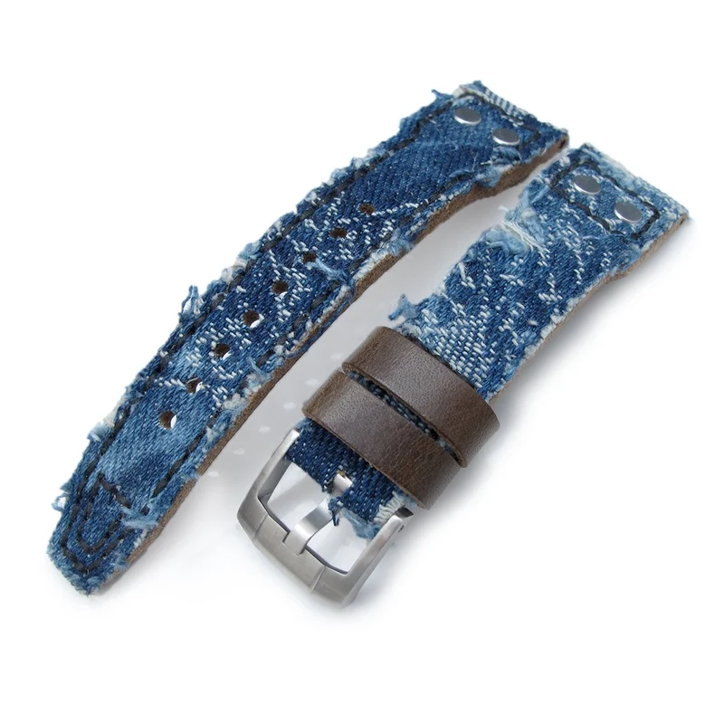 Heavy Distressed Blue Denim Rivet Watch Strap 21mm 22mm