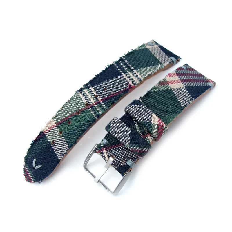 22mm MiLTAT Dundee Tartan Pattern Watch Strap, Grey Stitching