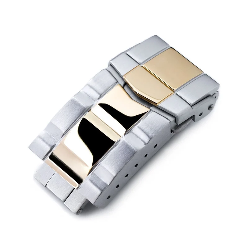 16mm or 18mm Solid 316L Stainless Steel Double Locks SUB Diver Clasp, Button Control, 2-tone IP Polished Gold