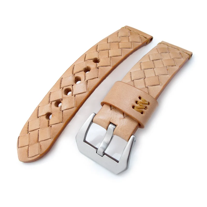 MiLTAT Zizz Collection 22mm Braided Calf Leather Watch Strap, LV Beige, Tan Stitches