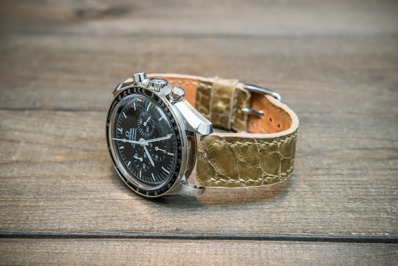 Genuine Python leather watch strap in olive color, Italian leather / handmade to order in Finland
