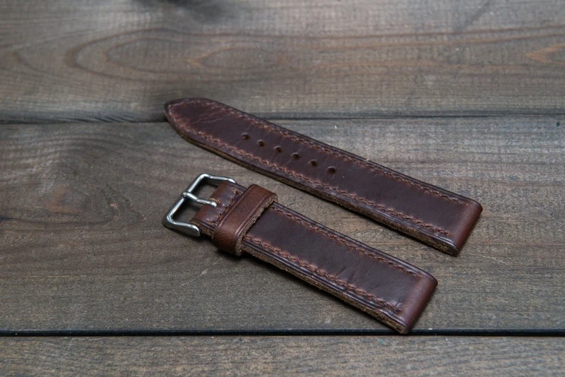 Dark Brown Chromexcel leather, hand stitched watch band, handmade in Finland.