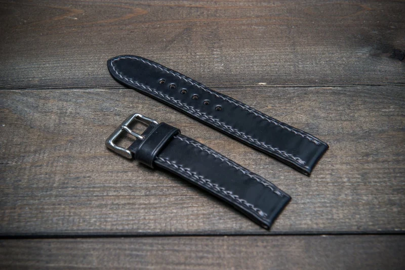 Shell Cordovan leather watch strap , Black. Handmade in Finland