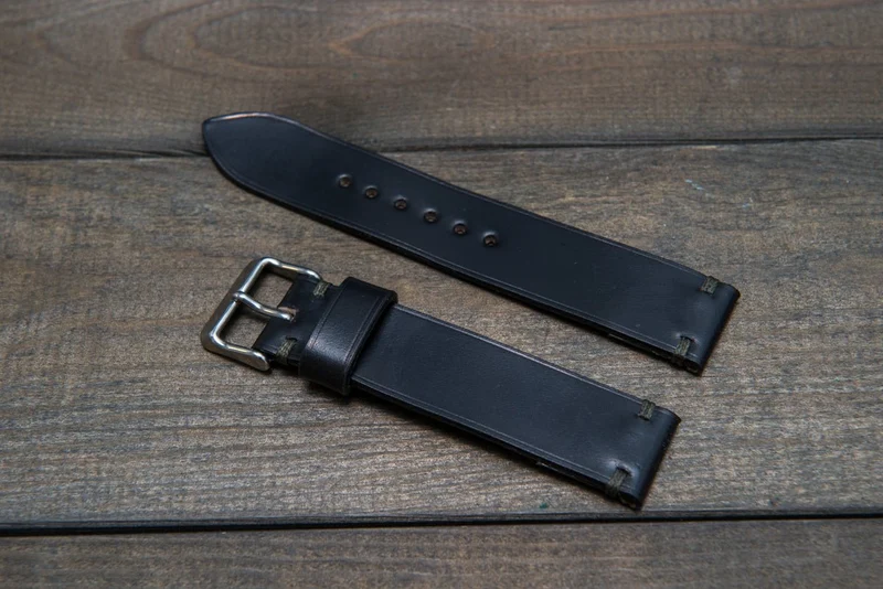 Horween Shell Cordovan Black leather watch strap, handmade in Finland