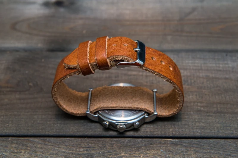 One-piece watch band, Horween Derby English Tan leather watch strap