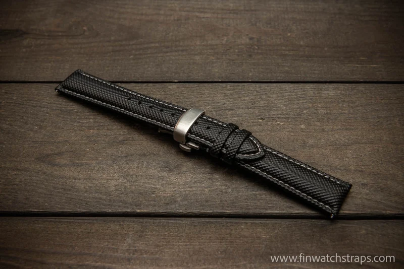 Sailcloth water-resistant watch strap 17-24 mm. Black with grey stitching.