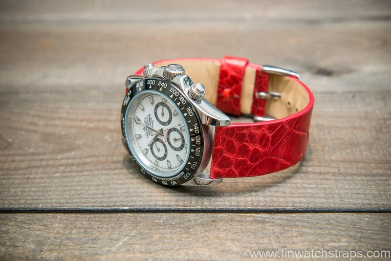 Ostrich legs leather watch strap, Glazed Red color, handmade in Finland, 10-26 mm