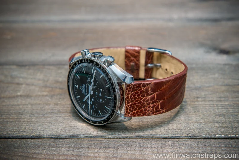 Ostrich legs leather watch strap, Glazed Whiskey color, handmade in Finland, 10-26 mm