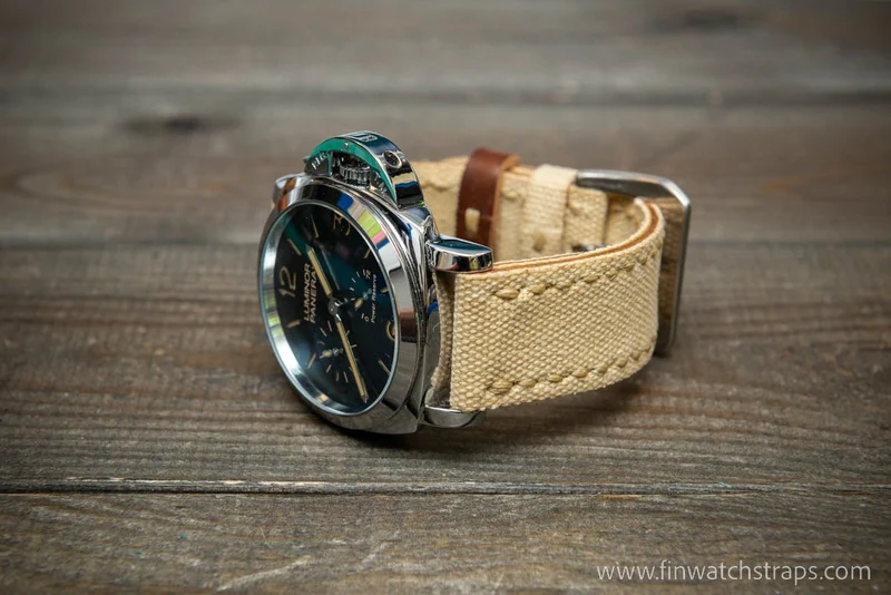 Vintage washed canvas watch strap, handmade to order, full customisation options.