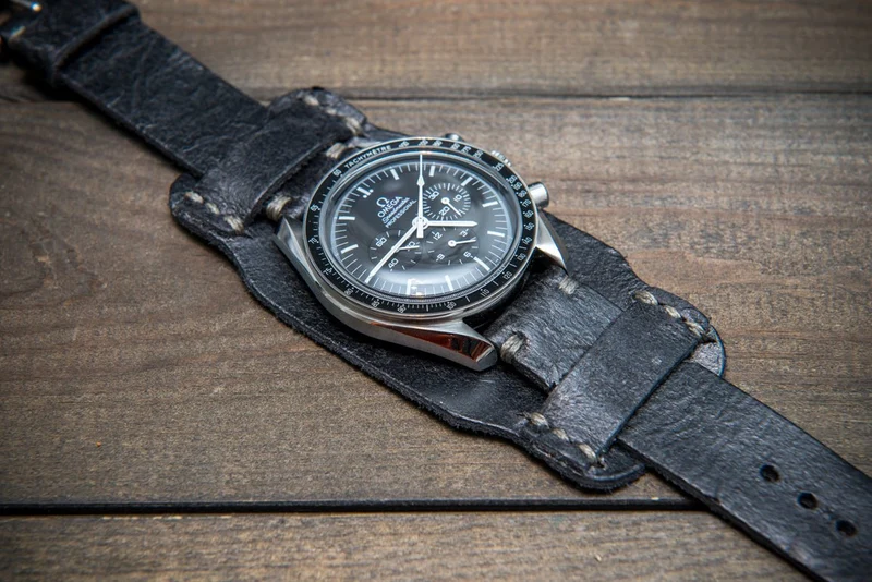 Bund-style Leather Watch Strap, Aviator model, Crazy Cow Winter Smoke