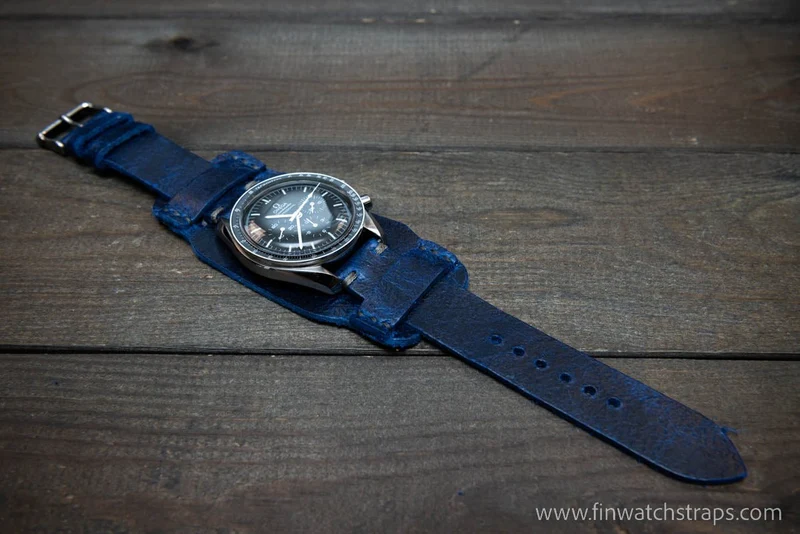 Bund-style Leather Watch Strap, Aviator model, Crazy Cow Deep Sea