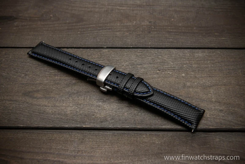 Sailcloth water-resistant watch strap 17-24 mm. Black with dark blue stitching.