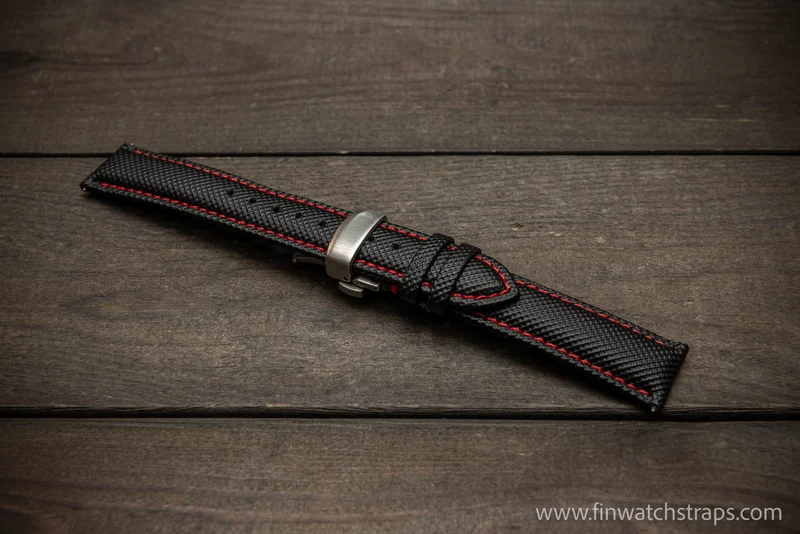 Sailcloth water-resistant watch strap 17-24 mm. Black with red stitching.