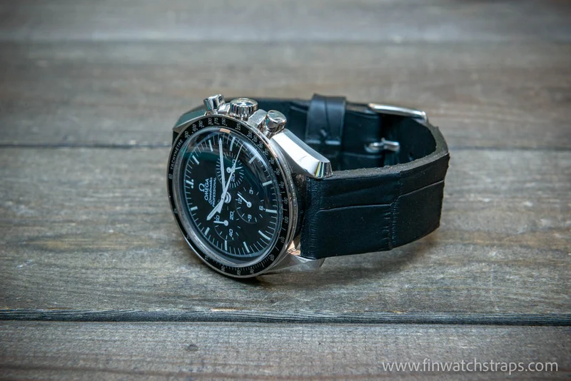 Alligator watch strap, French Croco, Black matte color, handmade in Finland, 10-26 mm.