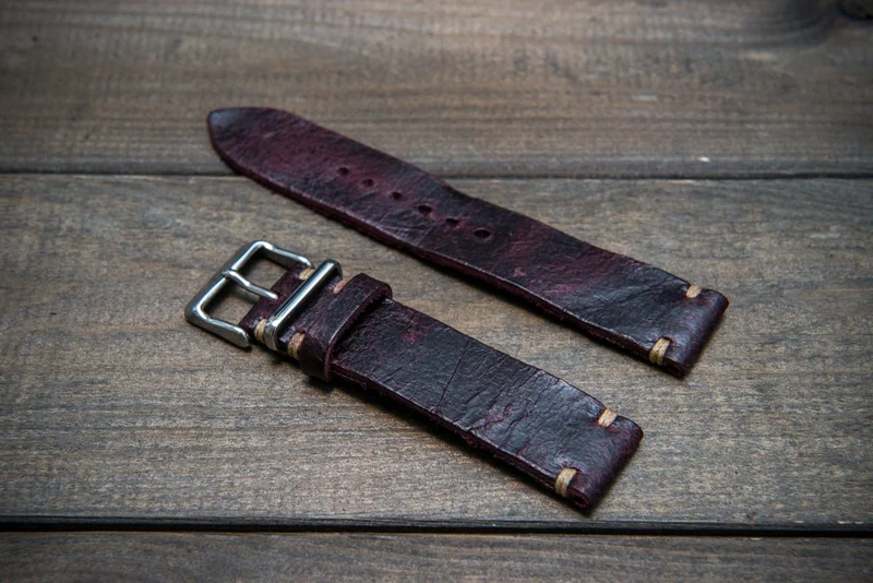 Suede vintage leather watch strap (Crazy cow) Burgundy, handmade in Finland