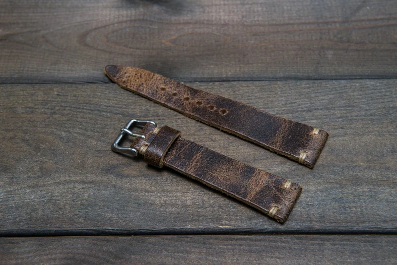 Suede vintage leather watch strap, tapered model (Crazy cow, Teak), handmade in Finland.