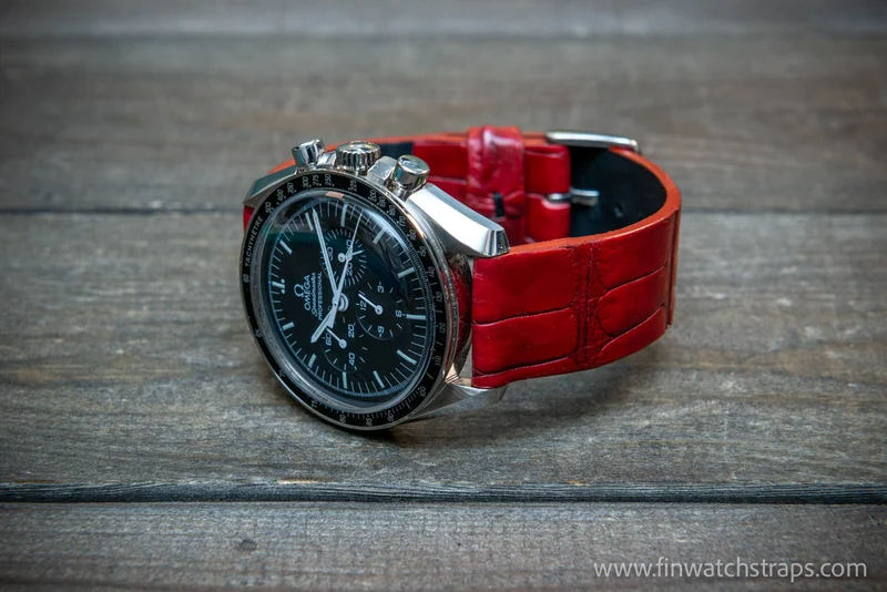 Alligator watch strap, French Croco, Red color, handmade in Finland, 10-26 mm.