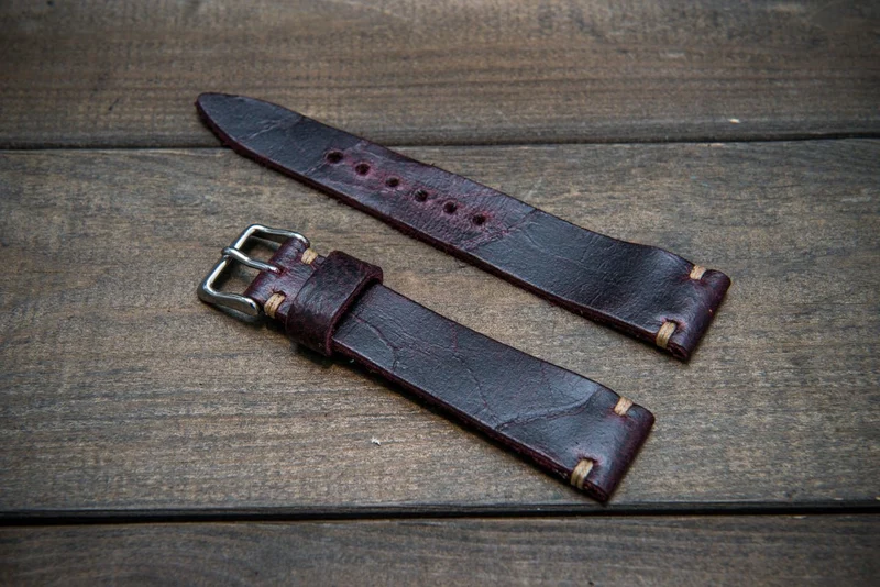 Suede vintage tapered leather watch strap (Crazy cow, Burgundy), handmade in Finland.