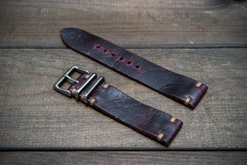 Suede vintage leather watch strap (Crazy cow) Burgundy, handmade in Finland