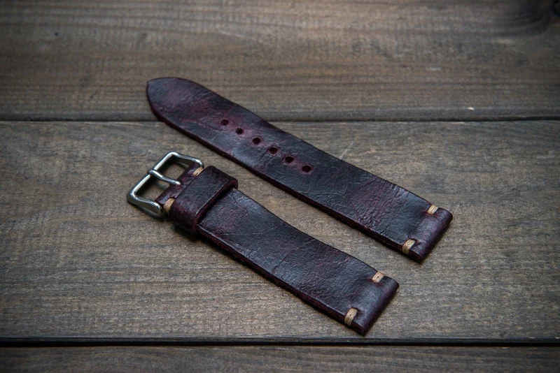 Suede vintage leather watch strap (Crazy cow) Burgundy, handmade in Finland, 1 leather keeper