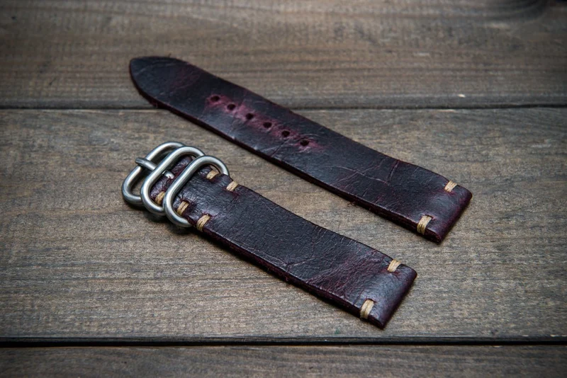 Suede vintage leather watch strap (Crazy cow, Burgundy), handmade in Finland